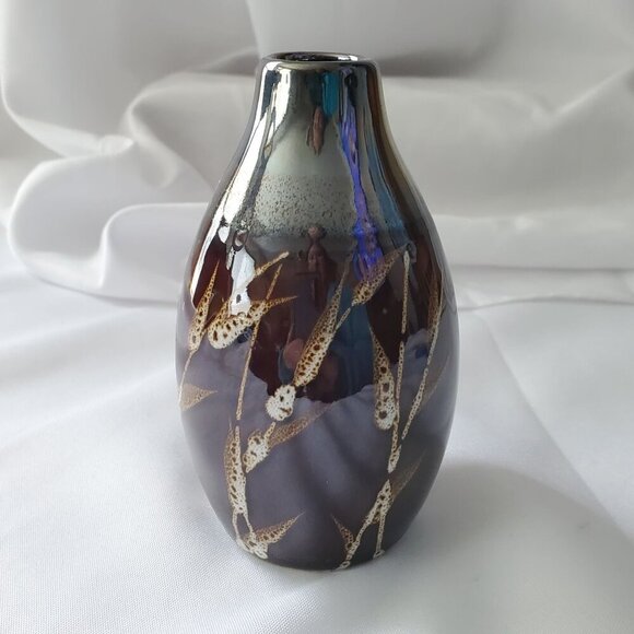 VTG Ceramic 5" Vase With Metallic Finish Brown with Wheat Design Bud Vase - Picture 2 of 12